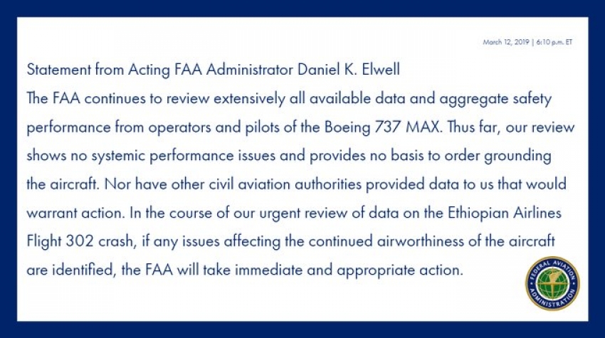 Declaración del administrador interino de la FAA Daniel K.Elwell