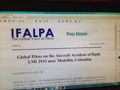 IFALPA, la Federación Internacional de Asociaciones de Pilotos ante el accidente de LaMia Airlines