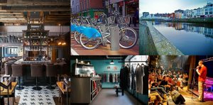 De izquierda a derecha, Cleaver East, bicis de alquiler, Tamp&amp;Stitch (abajo), el r&iacute;o Liffey y una sesi&oacute;n de poetry slam (abajo).