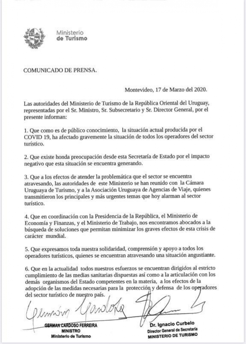El MINTUR uruguayo trabaja con presidencia, Econom&iacute;a y Trabajo, buscando minimizar  "los graves efectos de esta crisis de car&aacute;cter mundial", para operadores locales