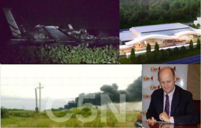 En la composici&oacute;n gr&aacute;fica de Alejandro Spera vemos el avi&oacute;n siniestrado, la maqueta del Centro de Convenciones, una captura del reporte de C5N y a Carlos D&acute;Elia, Presidente del Congress &amp; Visitors Bureau de Buenos Aires quien tendr&iacute;a a su cargo la instalaci&oacute;n de todo el equipamiento audiovisual del futuro centro de El Jag&uuml;el.