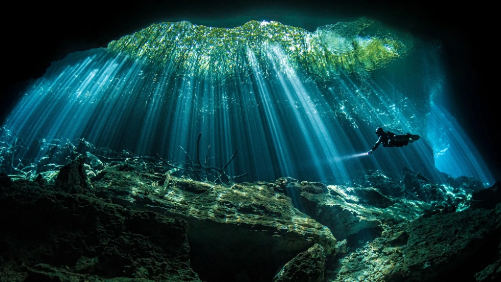 Buceador en un cenote de Quintana Roo México.