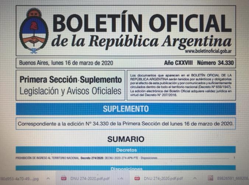 Argentina "prohibe el ingreso de personas extranjeras no residentes por 15 d&iacute;as"