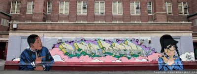Grafiti realizado por BillyMode y Chris Stain en una escuela de El Bronx, Nueva York