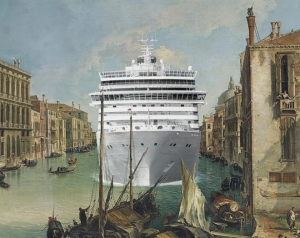 Un enorme transatl&aacute;ntico invade el &oacute;leo 'El Gran Canal desde San V&iacute;o, Venecia', pintado por Canaletto en el a&ntilde;o 1723. 