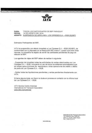 Facsímil del comunicado de IATA enviado a los operadores paraguayos que llegó a Uruguay y nos fue remitido a Panamá. Así trabaja el PDA.