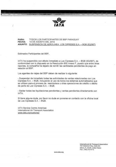 Facsímil del comunicado de IATA enviado a los operadores paraguayos que llegó a Uruguay y nos fue remitido a Panamá. Así trabaja el PDA.