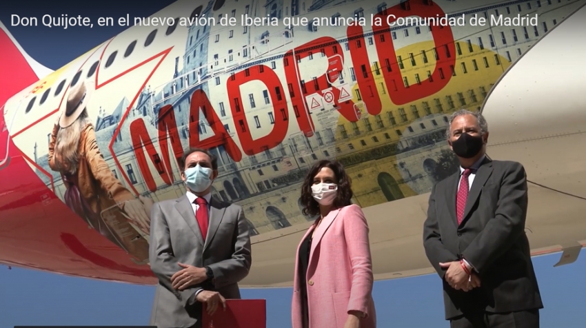 Don Quijote, en el nuevo avi&oacute;n de Iberia que promociona la Comunidad de Madrid
